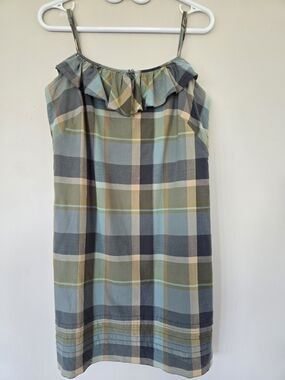 LOFT Plaid Ruffle Neck Spaghetti Strap Sundress in Blue and Green